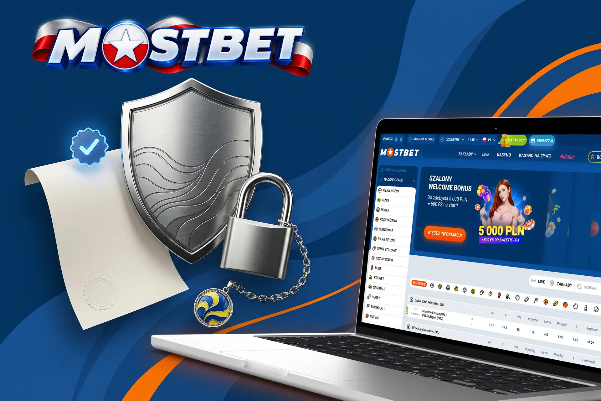 Bezpieczna platforma bukmacherska i kasyno Mostbet, widoczna na laptopie obok tarczy ochronnej, kłódki i certyfikatu